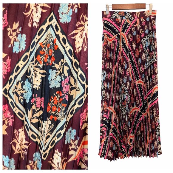 Ann Taylor Womens Size 4 Floral Chain Scarf Print MIcro Pleated Lined Midi Skirt - Picture 1 of 10